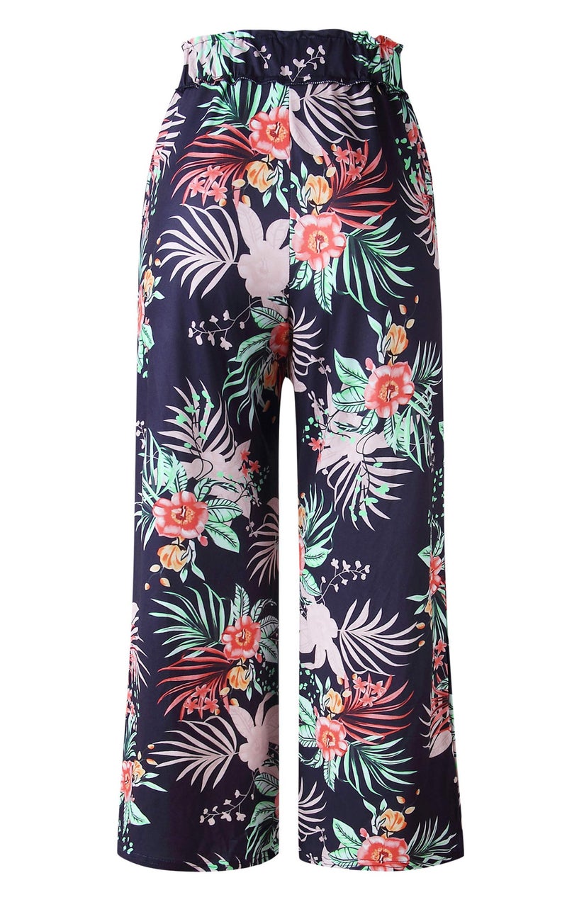 ECOWISH Wide Leg Pants for Women Summer 2024 Palazzo Tropical Floral Belted Casual Lightweight High Waist Flared Trousers with Pockets Navy Blue Large - Image 5